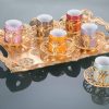 Colorful Tulip Design Gold Color Coffee Cups Set With Tray