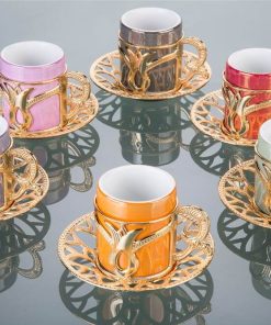 Colorful Tulip Design Gold Color Coffee Cups Set