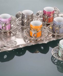 Colorful Tulip Design Silver Color Coffee Cups Set With Tray