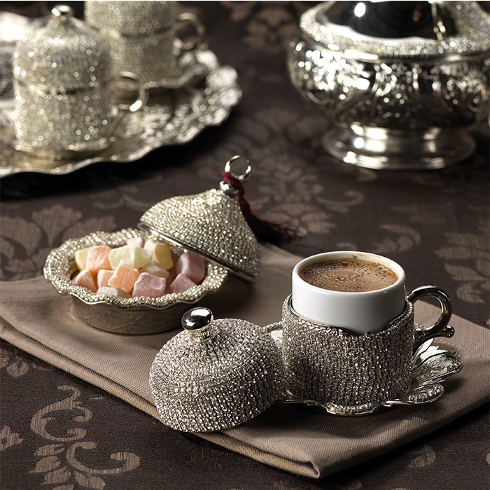 Crystal Stone Coated Silver Color Coffee Cups Set - Traditional Turk