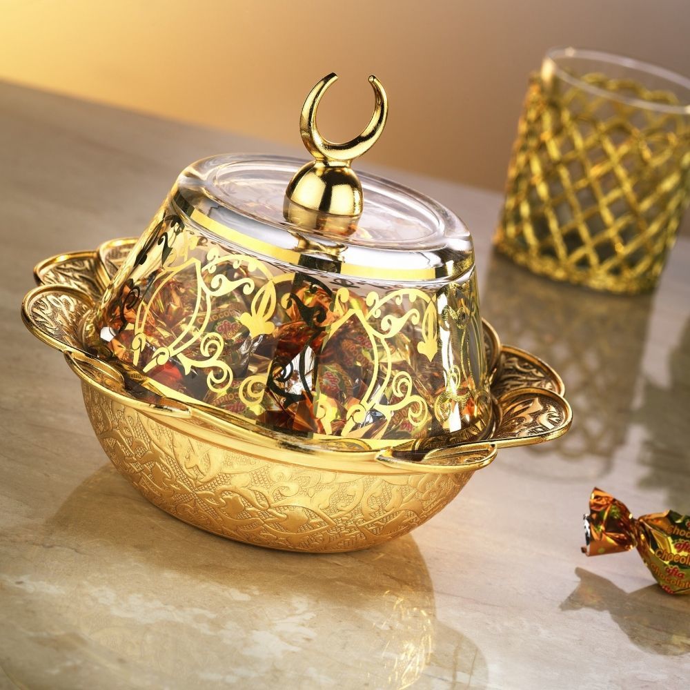 Gold Colour Ottoman Style Snack Bowl With Glass Lid