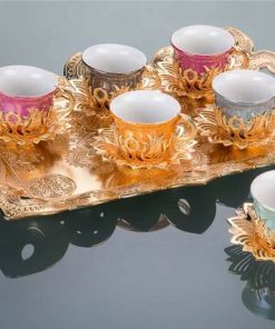 Colorful Tulip Design Gold Color Coffee Set With Tray