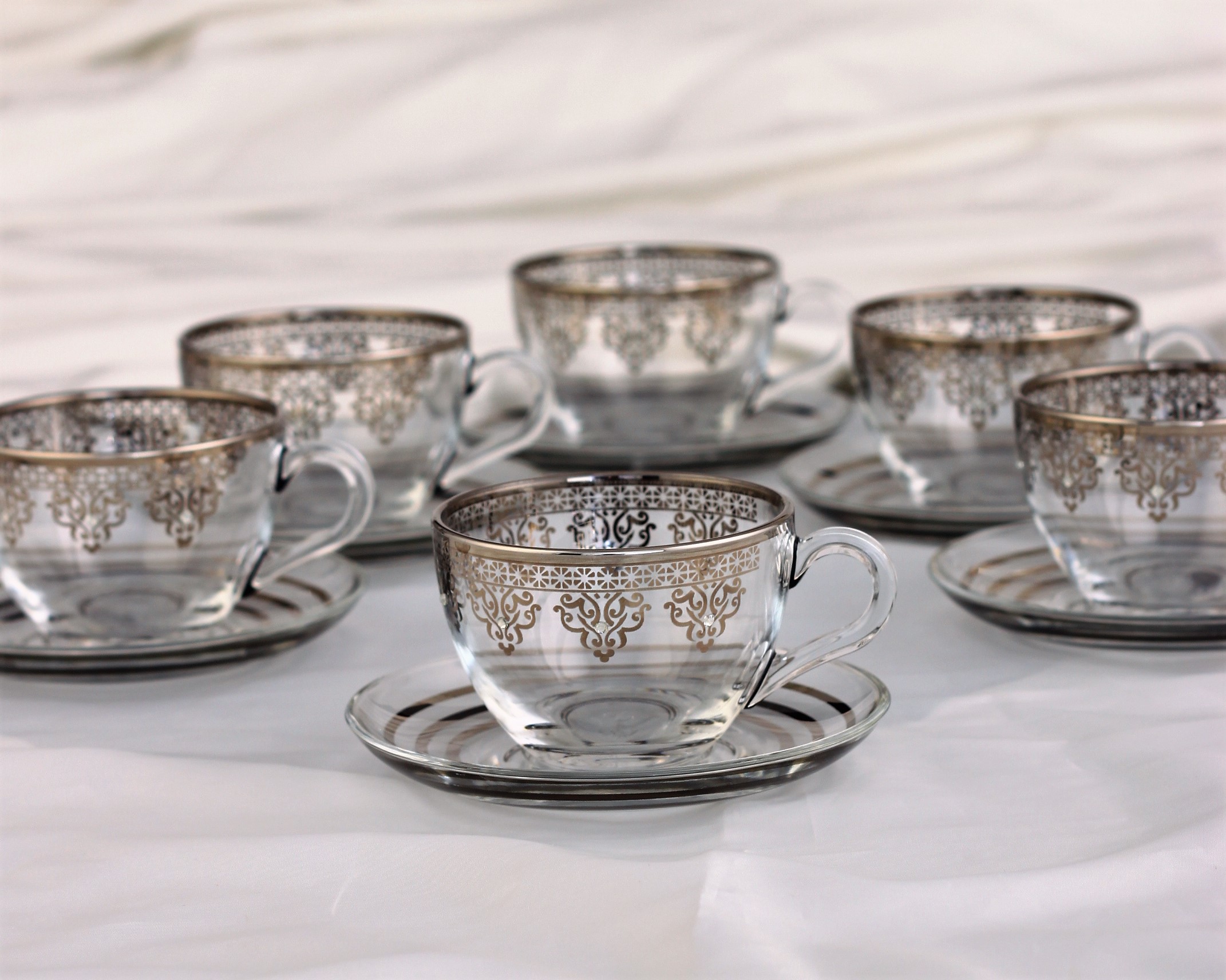 Silver Glass Crushed Diamond Small Tea Cup and Saucer Set Kitchen Turkish  Coffee Mug 