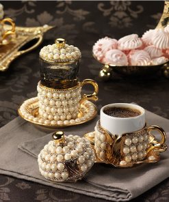 Gold Color Pearl Coated Coffee Cup Set With Tray