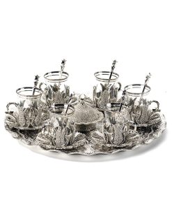 Silver Color Crystal Plated Turkish Tea Set With Tray