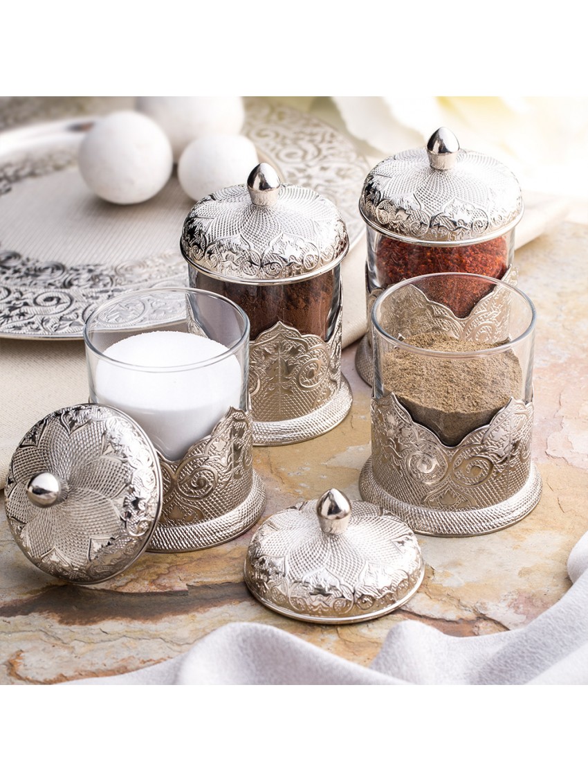 Silver Color Spice Jar Set With Metal Stand - Traditional Turk