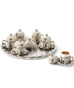 Silver Color Pearl Coated Coffee Cup Set With Tray