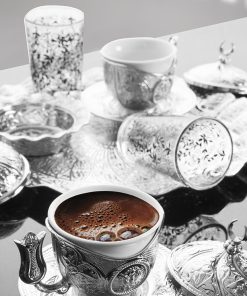 Silver Color Tiryaki Turkish Coffee Set For Two Person With Glasses
