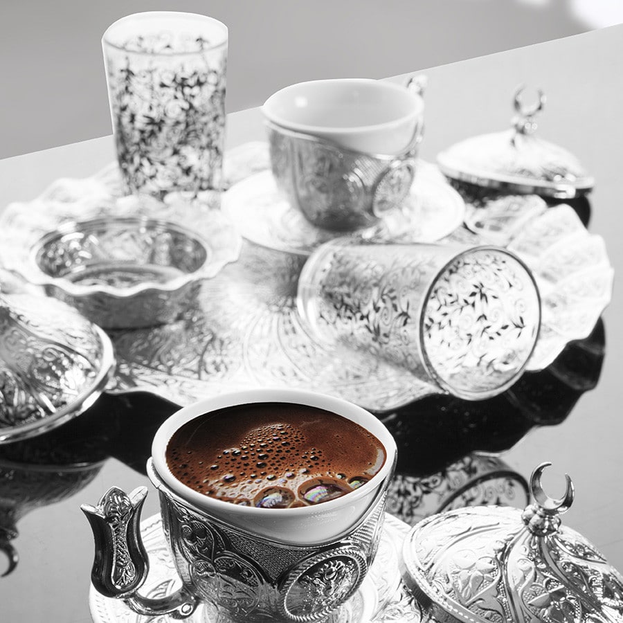 Silver Color Tiryaki Turkish Coffee Set For Two Person With Glasses