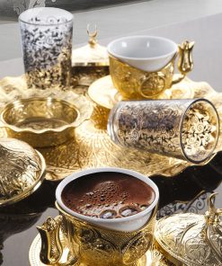 Gold Color Tiryaki Turkish Coffee Set For Two Person With Glasses