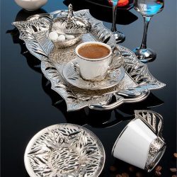 Sena Lalezar 11 Piece Espresso Latte Turkish Coffee Cup Saucer Tray Service Set for 2 in Gift Box Great Made in Turkey 