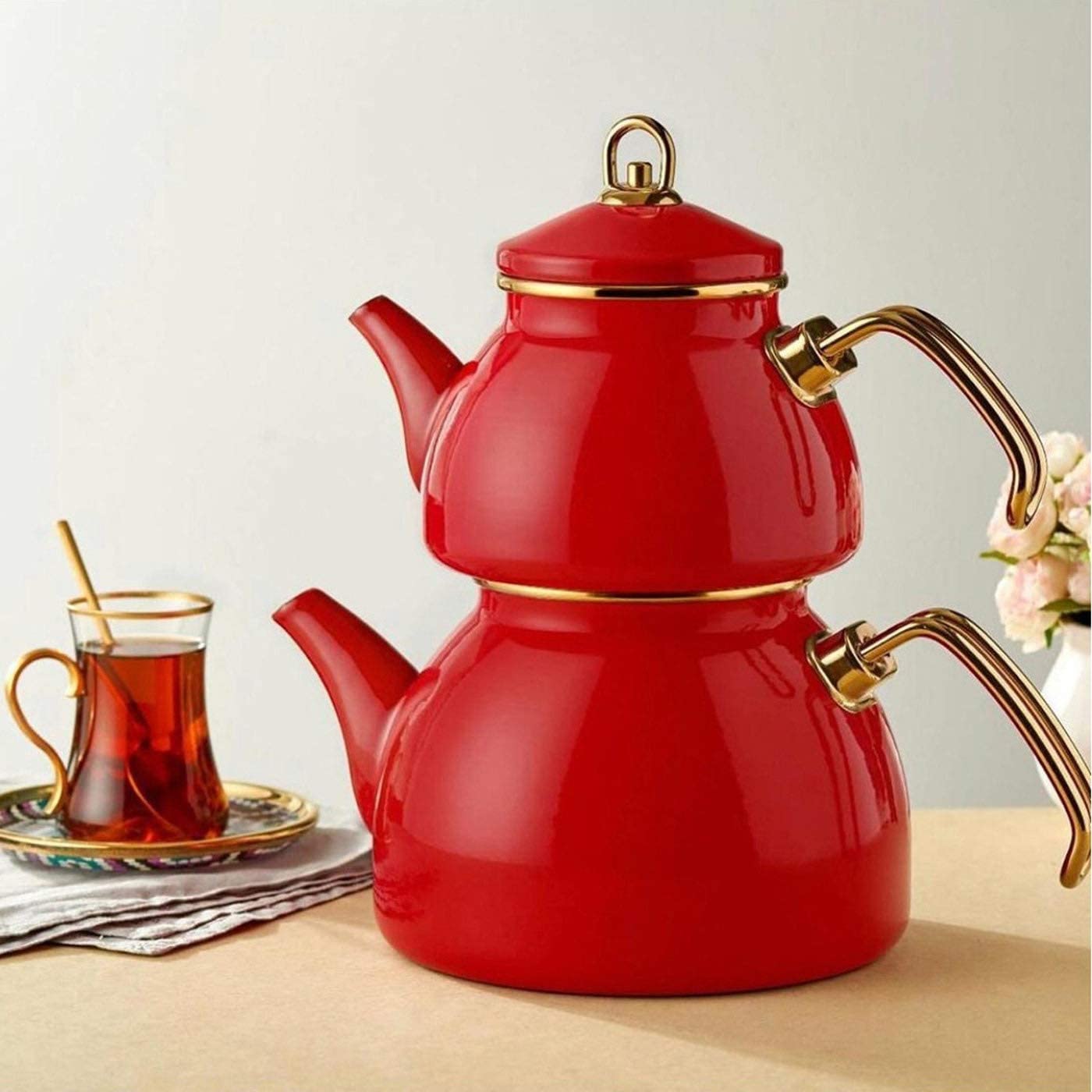 Burgundy Color Ceremony Enamel Turkish Tea Pot Kettle, Turkish