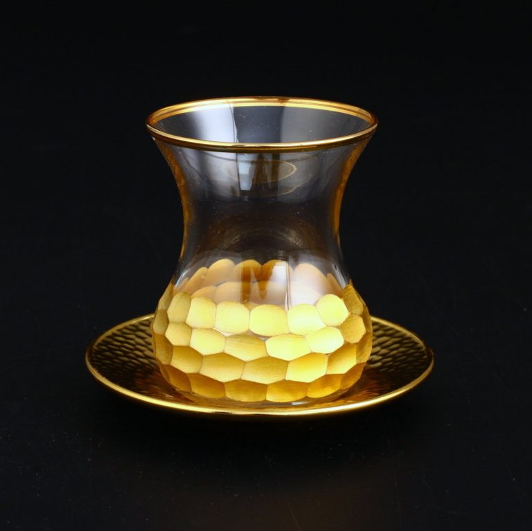 Gold Color Honeycomb Patterned Turkish Tea Glass Set