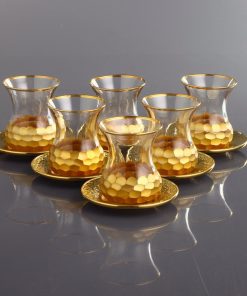 Gold Color Honeycomb Patterned Turkish Tea Glass Set