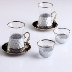 18 Pcs Silver Color Honeycomb Patterned Turkish Tea Glass with Mirra Cups Set