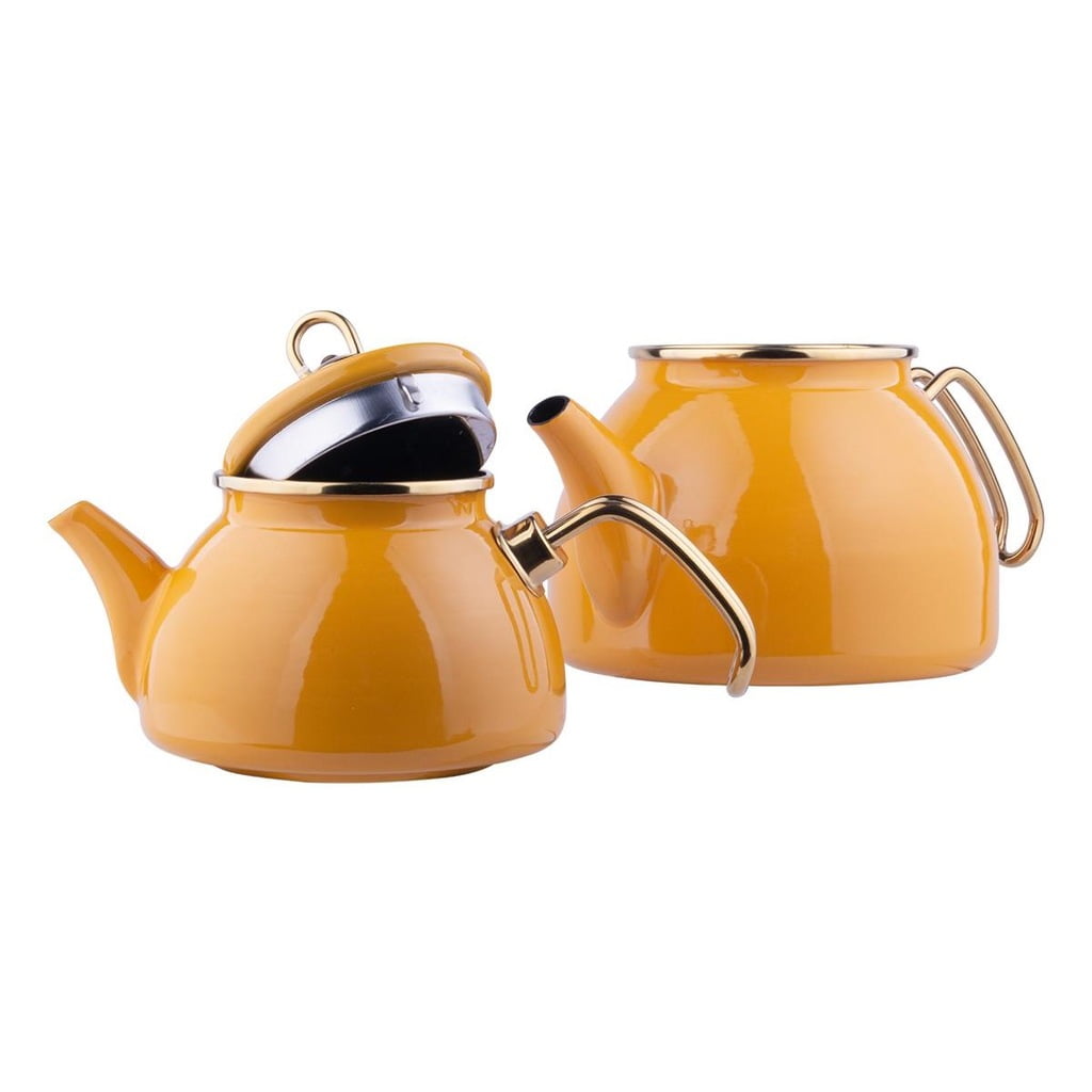 Orange Enamelware Tea Kettle With Wooden Handle