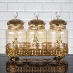 Gold Color Spice Jar Set With Metal Stand