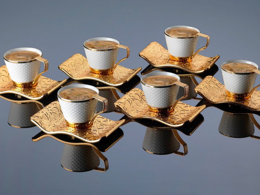 Turkish Luxury 7 Piece Coffee Cup Set with Tiered Tray | 151-K-18 Ottoman Style Engraved - Gold main image 1