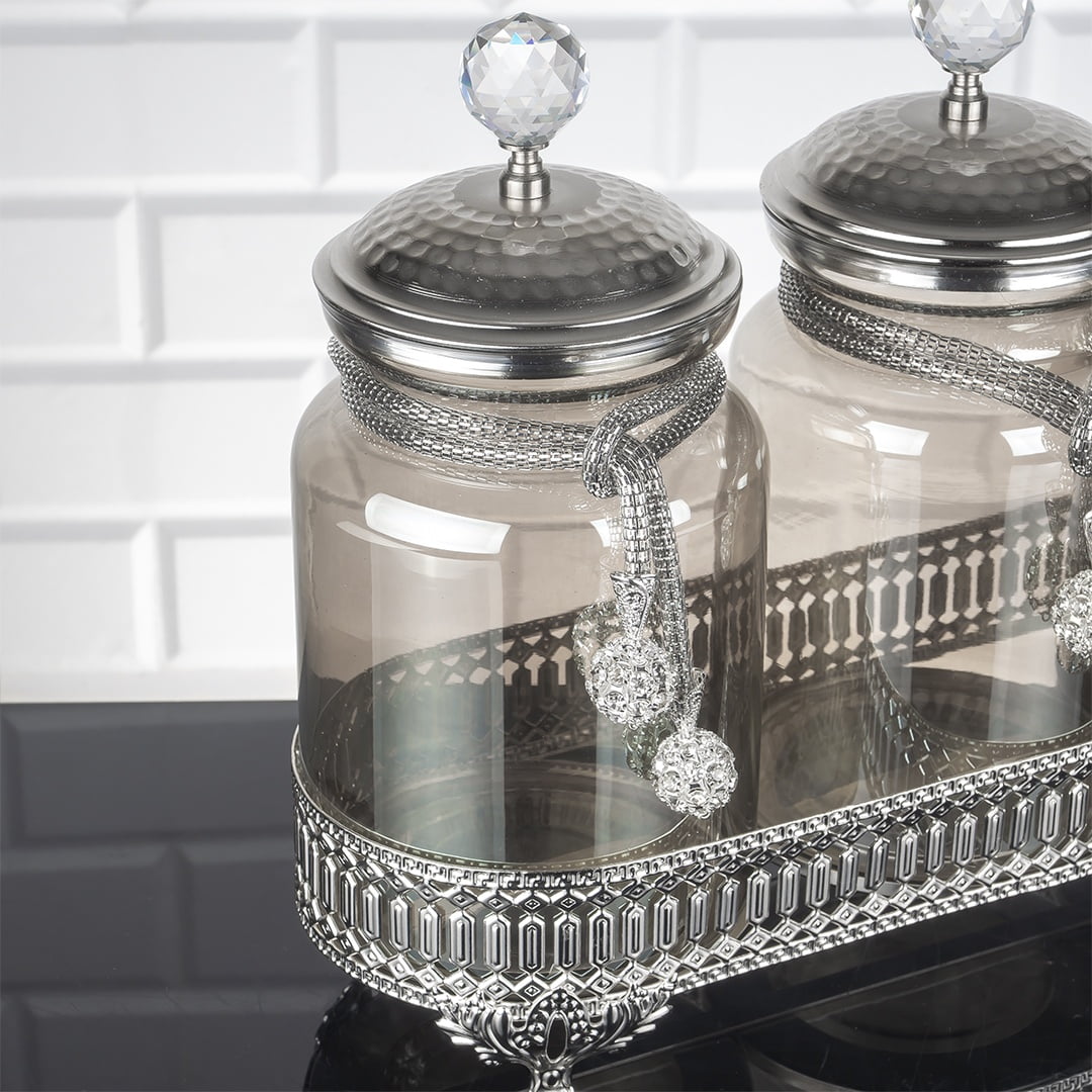 Silver Color Spice Jar Set With Metal Stand - Traditional Turk