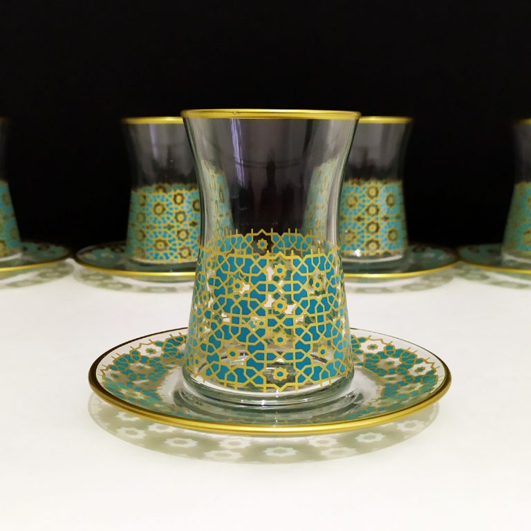 12 Pcs Pasabahce Agra Turquoise Turkish Tea Set For Six Person