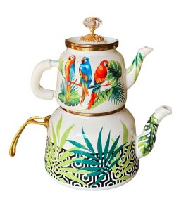 Vintage Parrot Pattern Enamel Turkish Tea Pot Kettle, Turkish Teapot, Tea Kettle