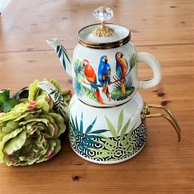 Vintage Parrot Pattern Enamel Turkish Tea Pot Kettle