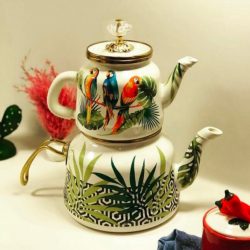 Vintage Parrot Pattern Enamel Turkish Tea Pot Kettle, Turkish Teapot, Tea Kettle
