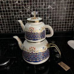 Vintage Pattern Yoruk Enamel Turkish Tea Pot Kettle