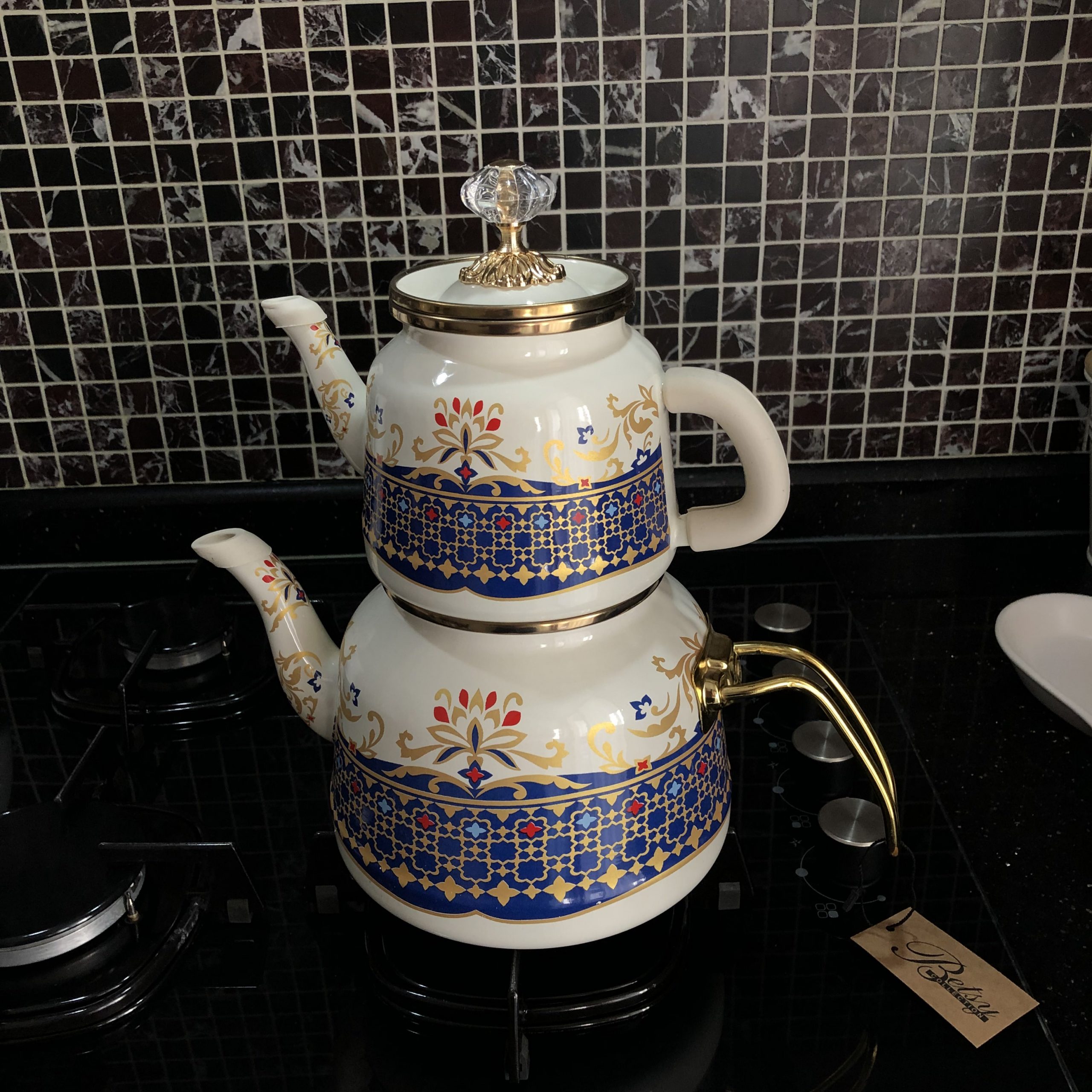 Vintage Pattern Yoruk Enamel Turkish Tea Pot Kettle, Turkish
