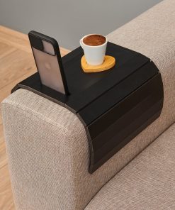 Black Sofa Arm Table, Phone Holder and Coffee Table, Wood Sofa Arm Table, Leather Detailed