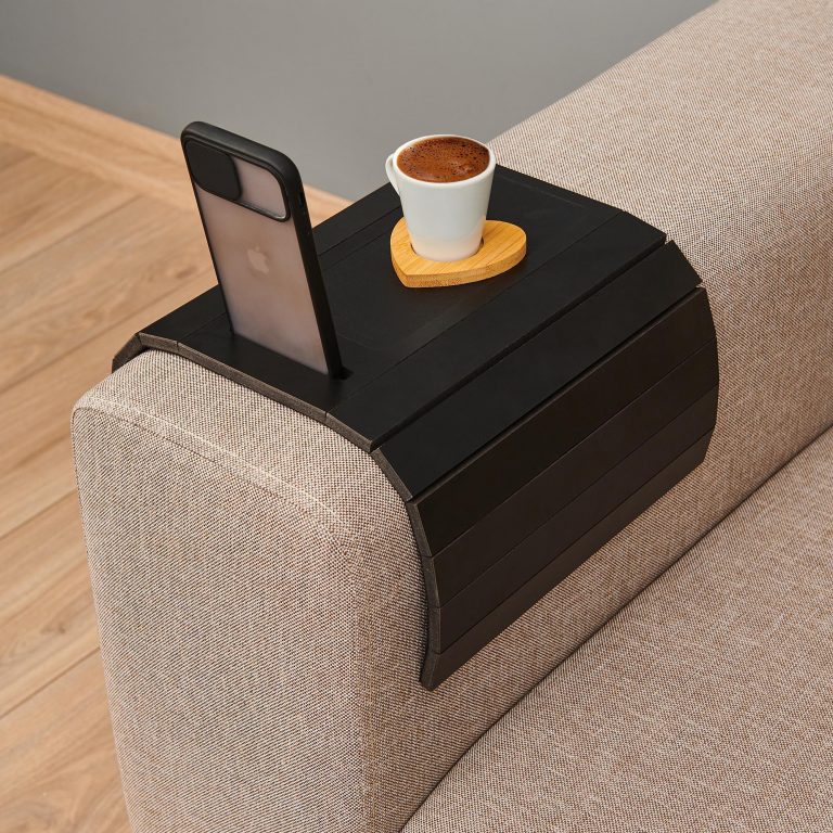 Black Sofa Arm Table, Phone Holder and Coffee Table, Wood Sofa Arm Table, Leather Detailed