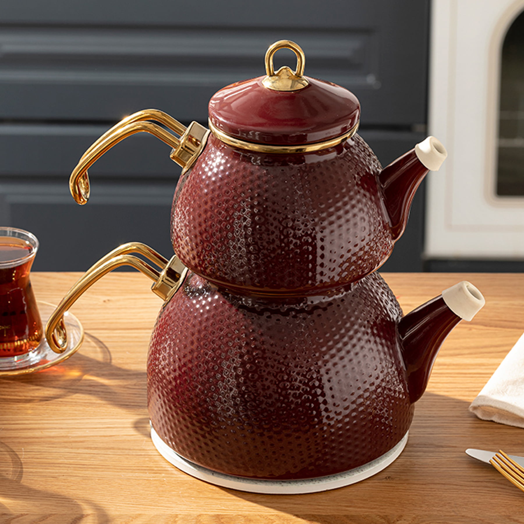Burgundy Color Ceremony Enamel Turkish Tea Pot Kettle, Turkish
