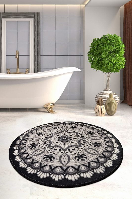Mandala Black Color Bath Carpet, Kids Room Rug 100 cm