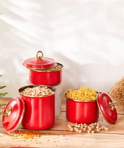 Retro Enamel Red Spice Jar Set, Enamel Canister, Storage Box