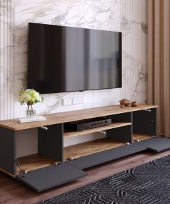 Loft Anthracite TV Stand with 3 Drop-Down Doors, Anthracite Media Stand with 3 Cabinets