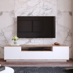 Loft White TV Stand with 3 Drop-Down Doors, White Media Stand with 3 Cabinets