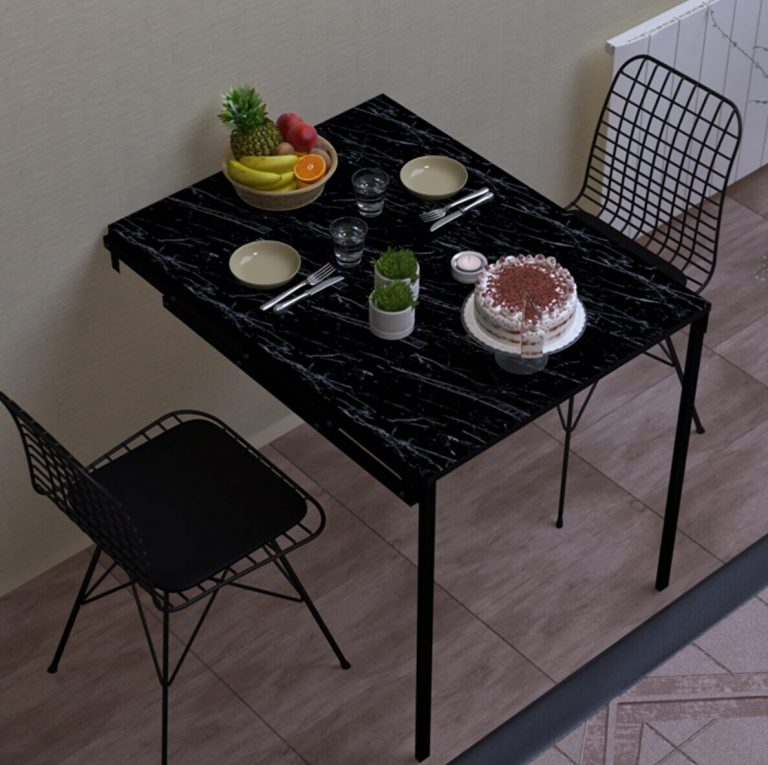 Marble Patterned Foldable Practical Smart Kitchen Table, Portable Dining Table, Space-Saving Table, Shelf Table