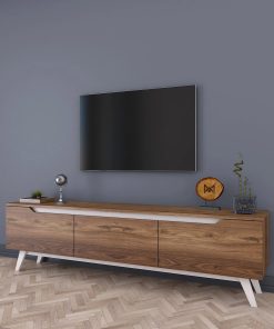 Mira Walnut TV Stand with 3 Drop-Down Doors, White Modern Legs Media Stand with 3 Cabinets