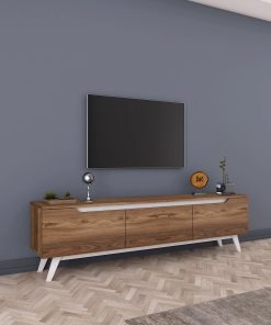 Mira Walnut TV Stand with 3 Drop-Down Doors, White Modern Legs Media Stand with 3 Cabinets