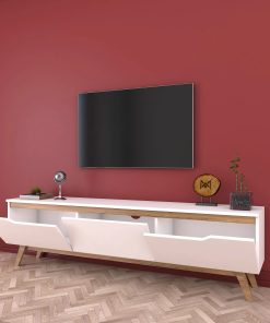 Mira White TV Stand with 3 Drop-Down Doors, Walnut Modern Legs Media Stand with 3 Cabinets