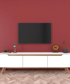 Mira White TV Stand with 3 Drop-Down Doors, Walnut Modern Legs Media Stand with 3 Cabinets