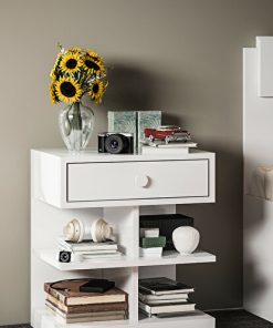 White Color Rena Single Drawer 4 Shelves MDF Nightstand, Commode