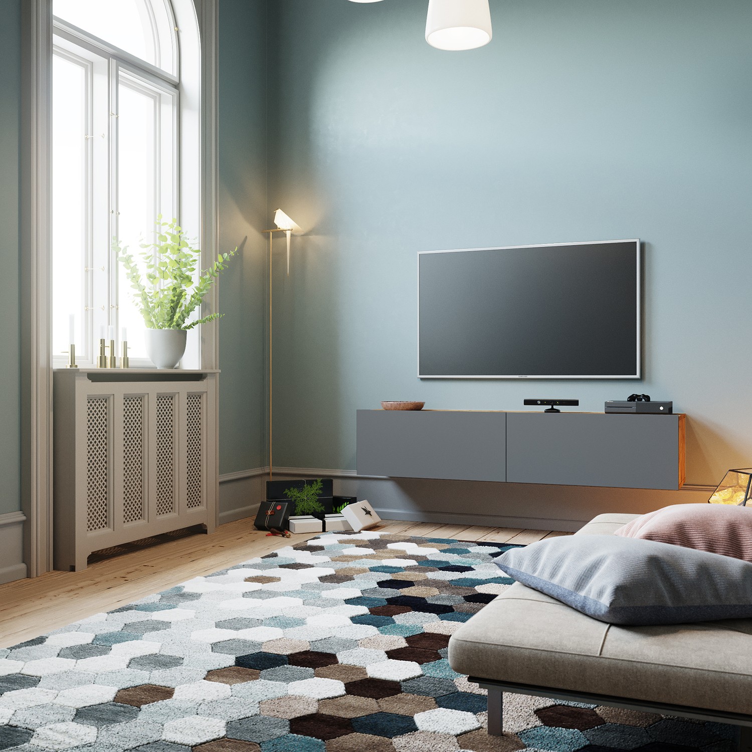 Future Anthracite & Oak Wall Mounted TV Stand with 2 Drop Down Doors, Anthracite Media Stand, Modern TV Stand
