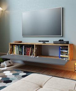 Future Anthracite & Oak Wall Mounted TV Stand with 2 Drop Down Doors, Anthracite Media Stand, Modern TV Stand