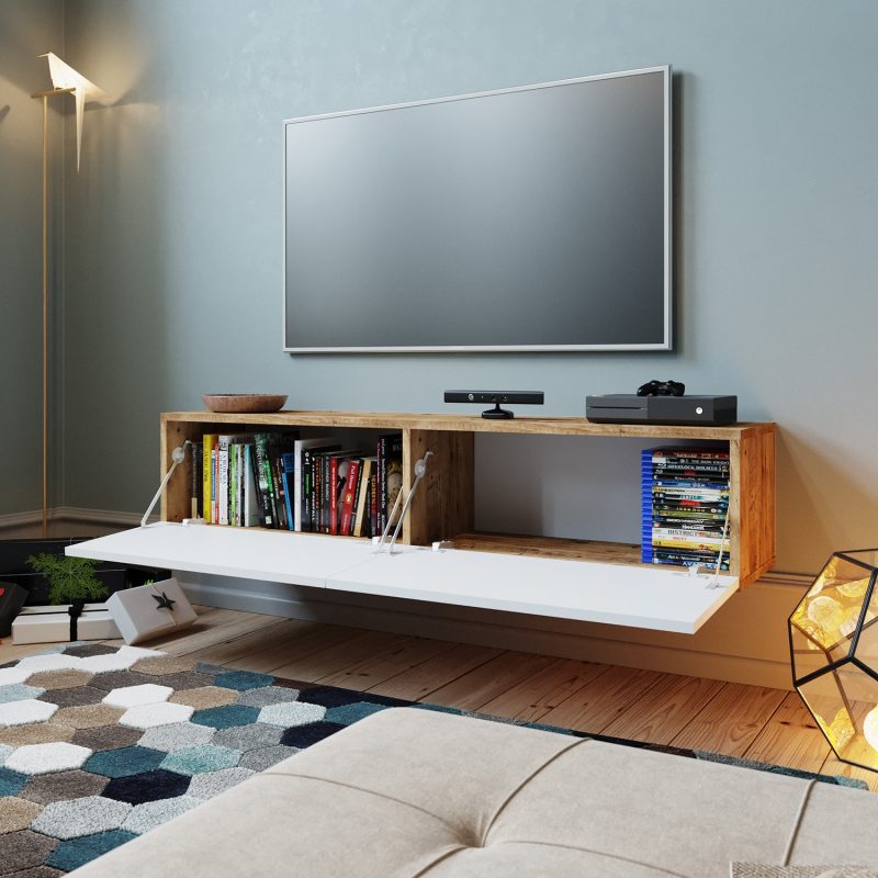 Future White & Oak Wall Mounted TV Stand with 2 Drop Down Doors, White