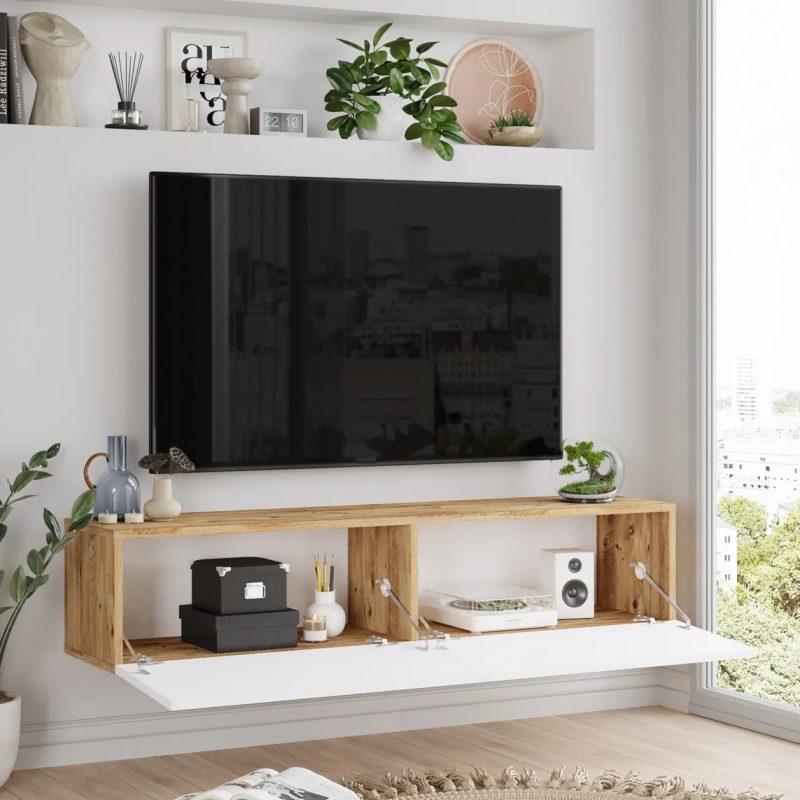 Future White & Oak Wall Mounted TV Stand with 2 Drop Down Doors, White