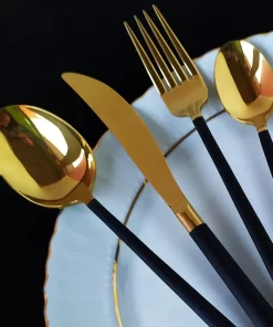 36 Pcs Black Gold Titanium Cutlery Set