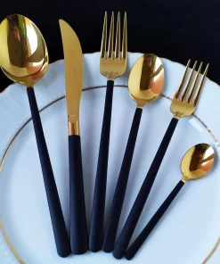 36 Pcs Black Gold Titanium Cutlery Set